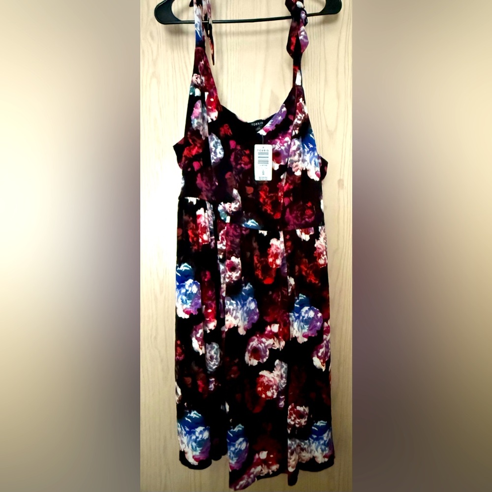 Torrid Mini Studio Knit Black Floral Tie Strap Skater Dress